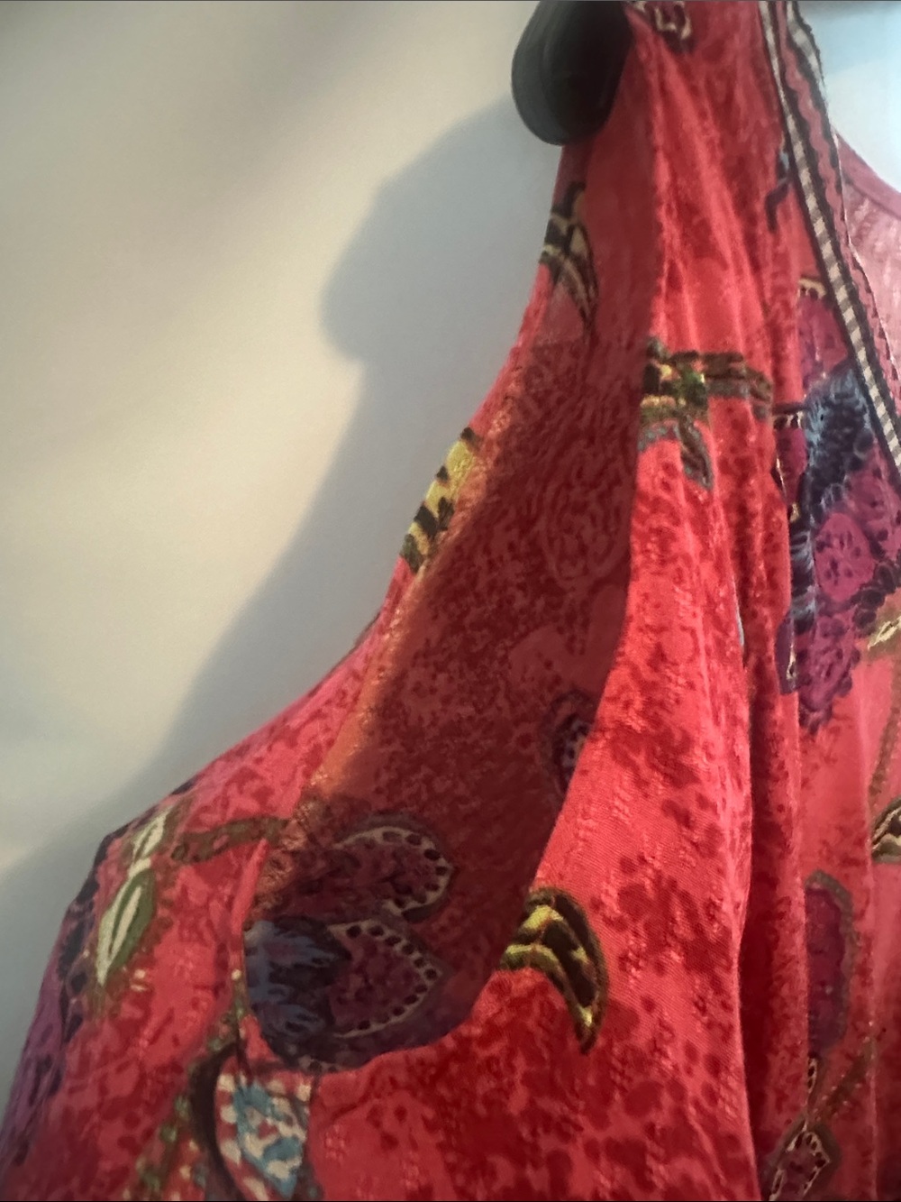 Democracy Red Floral Cold-Shoulder V-Neck Blouse with Gingham Trim - Picture 2 of 9